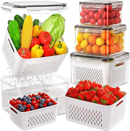 Fridge Fruit Storage Containers with Removable Washing Bowl & Strainer – Produce Keeper for Salad, Berries & Lettuce