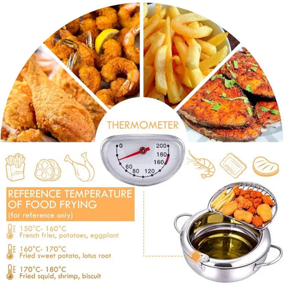 Deep Frying Pot with Thermometer & Drainer Rack – Stainless Steel - Kitchenley