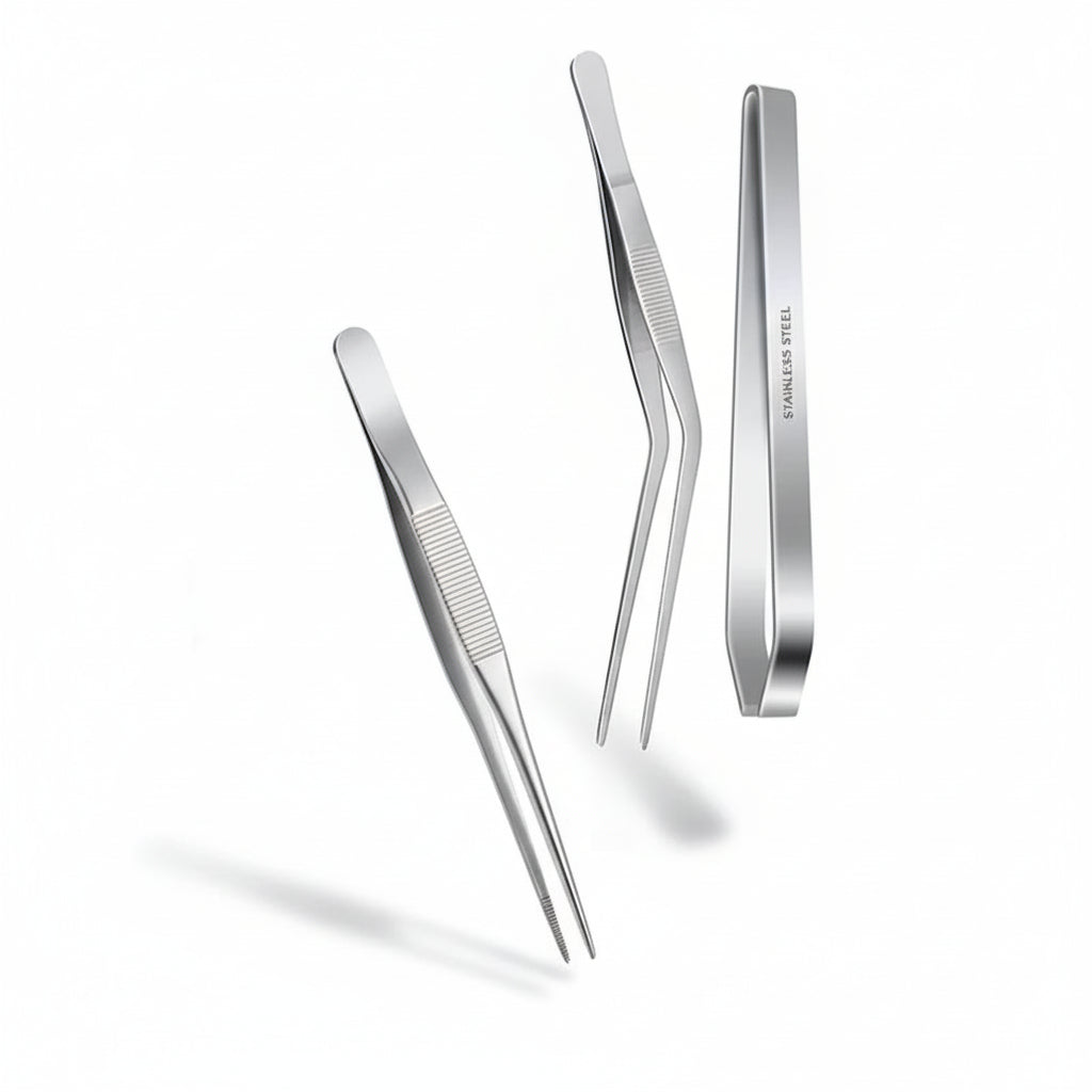 Kitchenley 7-Piece Stainless Steel Fish Bone Tweezers Set – Flat & Angled Serrated Tip Seafood Tweezers