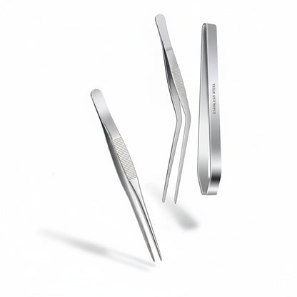 Kitchenley 7-Piece Stainless Steel Fish Bone Tweezers Set – Flat & Angled Serrated Tip Seafood Tweezers
