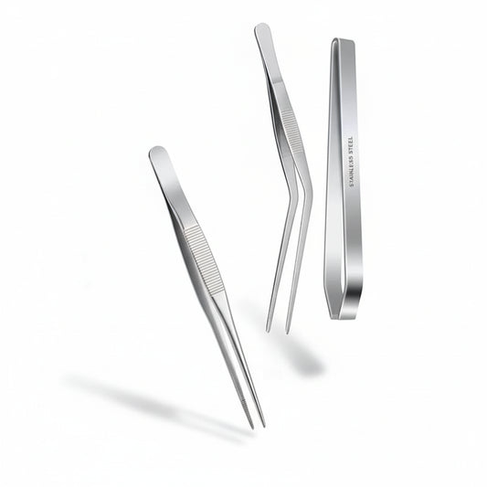 Kitchenley 7-Piece Stainless Steel Fish Bone Tweezers Set – Flat & Angled Serrated Tip Seafood Tweezers