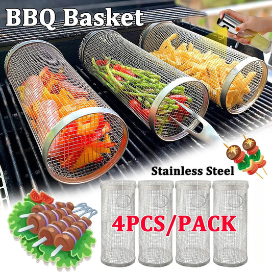 Round Rolling BBQ Campfire Grill Basket – Outdoor Barbecue Grill Grate & Cage for Camping & Picnic