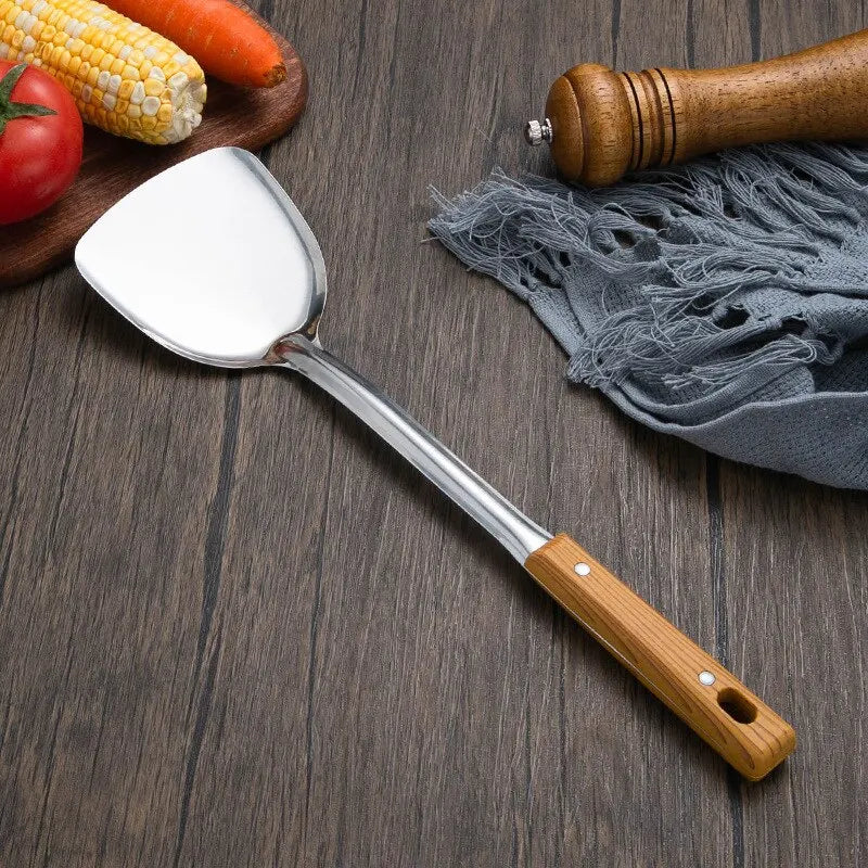 1pc Stainless Steel Imitation Wood Grain Handle Spatula Leaky Shovel Spoon 5 Tools for Kitchen Light for Cooking Kitchen Tools