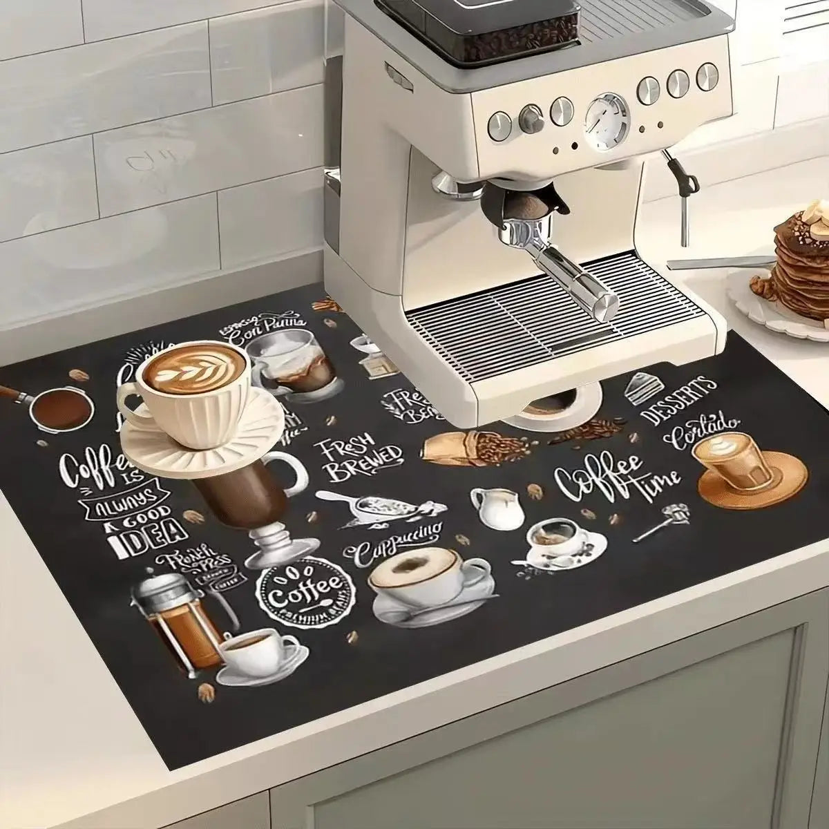 Retro Coffee Pattern Drip Mat – Absorbent Rubber Dish Pad - Kitchenley