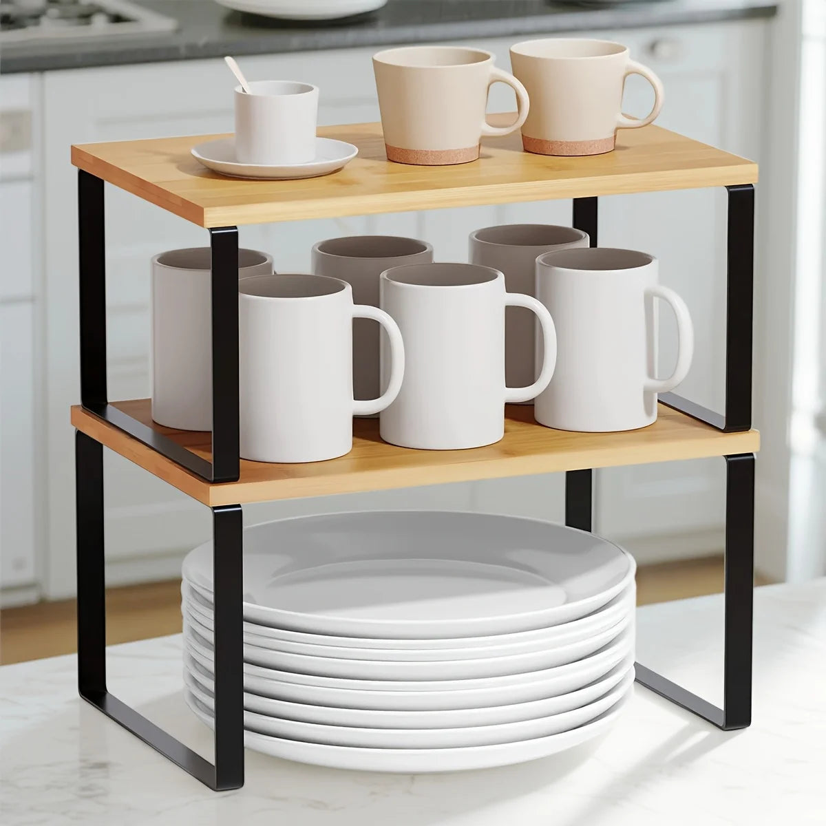 Stackable Expandable Kitchen Counter Shelves & Spice Rack – Cabinet Organizer Set of 2