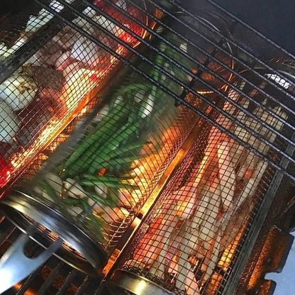 Rolling BBQ Grill Basket – Cylinder Barbecue Cage & Grilling Basket for Outdoor Camping