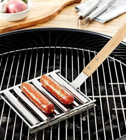 Hot Dog Roller Rack, Stainless Steel Outdoors BBQ Sausage Grill Pan With Long Wood Handle,New Barbecue Tools