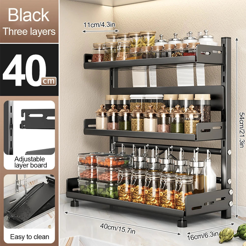 3 Tier Spice Storage Rack for Countertop Adjustable Spice Organization for Cabinet Kitchen Organizer Metal Shelf Black