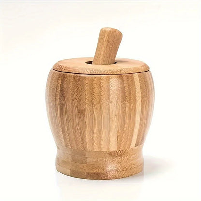 1Set Premium Bamboo Garlic Mortar and Pestle-Effortless Spice Grinder for Garlic,Herbs, and Chili - Rust-resistant Kitchen Tool