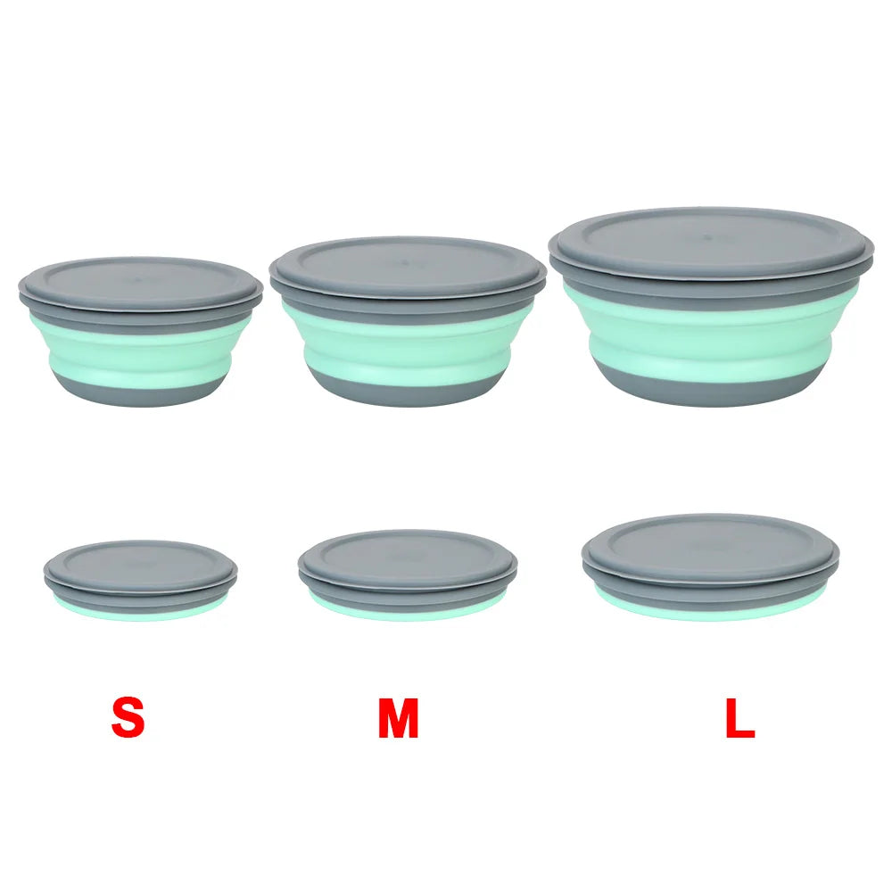 Folding Lunch Box Bowl Sets Silicone 3Pcs/Set Food Container Tableware Set Foldable Salad Bowl with Lid Portable