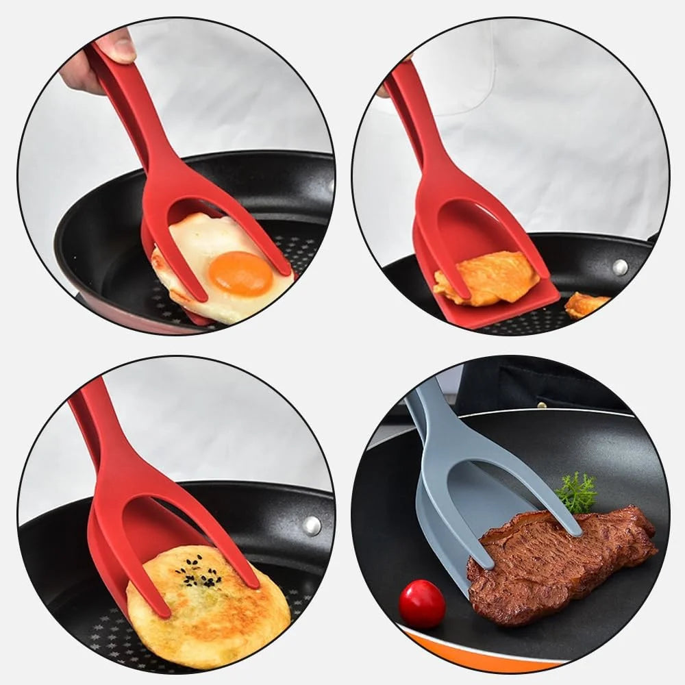 Egg Flipper Spatula 2 in 1 Grip and Flip Spatula Tongs Silicone Egg Flipper Tool Fish French Toast Tongs Non-Stick Cooking
