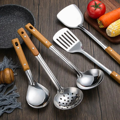 1pc Stainless Steel Imitation Wood Grain Handle Spatula Leaky Shovel Spoon 5 Tools for Kitchen Light for Cooking Kitchen Tools