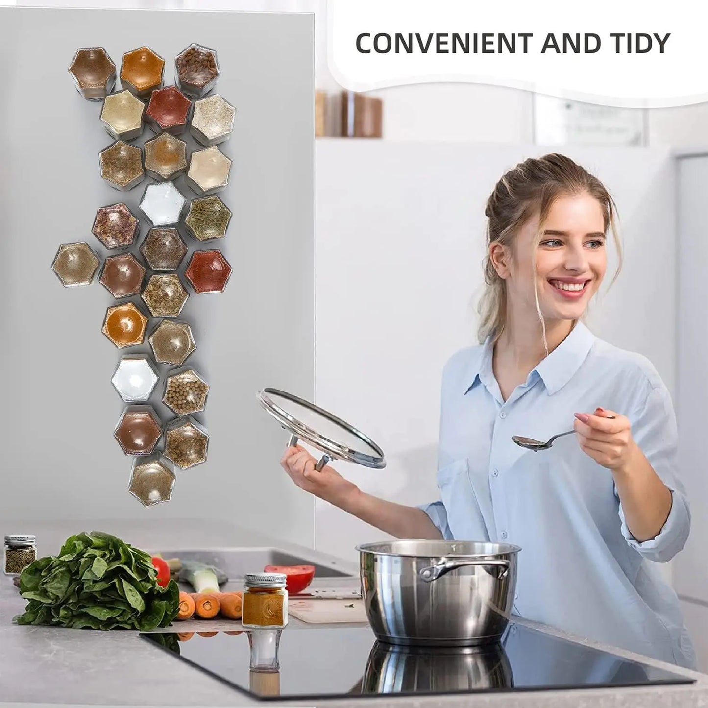 24 Hexagon Magnetic Glass Spice Jars with Shaker Lids & Labels – Kitchen, Fridge & RV Organizer