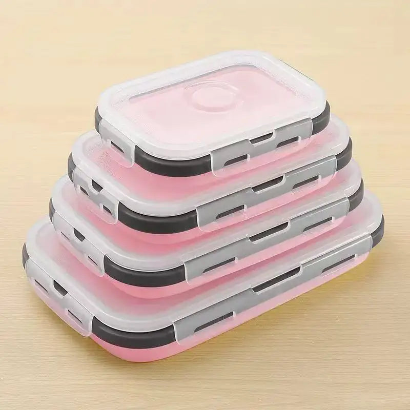 4 Pack Silicon Lunch Box Flat Stacks Collapsible Food Storage Containers With Lids Leftover Meal Box For Kitchen BPA Free