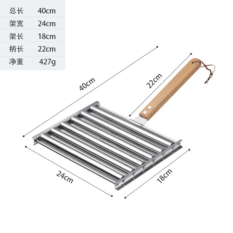 Hot Dog Roller Rack, Stainless Steel Outdoors BBQ Sausage Grill Pan With Long Wood Handle,New Barbecue Tools