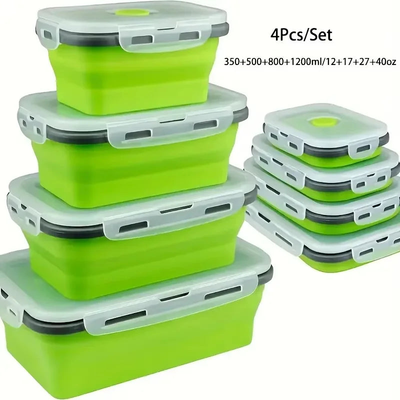 4 Pack Silicon Lunch Box Flat Stacks Collapsible Food Storage Containers With Lids Leftover Meal Box For Kitchen BPA Free