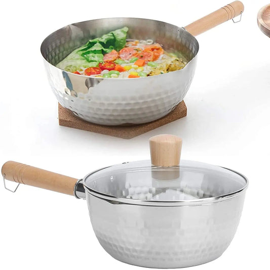 Stainless Steel Saucepan with Lid & Solid Wood Handle – Multipurpose Sauce Pot with Pour Spouts