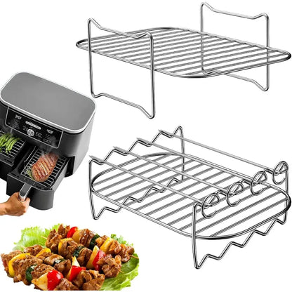 304 Stainless Steel Air Fryer Grill Rack & Vertical Skewer Stand – Dehydrator BBQ Rack & Toast Bread Holder