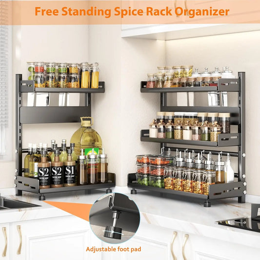 3 Tier Spice Storage Rack for Countertop Adjustable Spice Organization for Cabinet Kitchen Organizer Metal Shelf Black