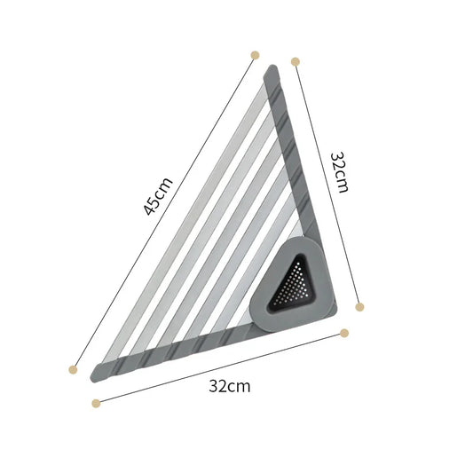 Aluminum Triangle Corner Dish Drying Rack – Roll-Up Folding Sink Drain Basket & Sponge Holder