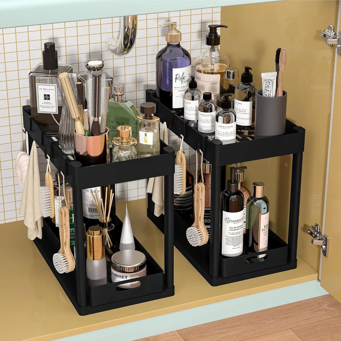 Double-tier sink-mounted storage rack, kitchen cabinet shelving unit, multi-purpose bathroom storage basket.