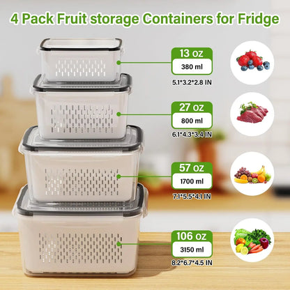 Fridge Fruit Storage Containers with Removable Washing Bowl & Strainer – Produce Keeper for Salad, Berries & Lettuce