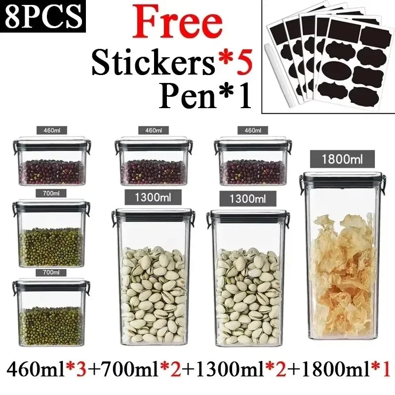 460/700/950/1300/1800ml Thick Sealed Storage Tank Transparent Square Dried Fruit Storage Box Kitchen Grain Storage Jar Container