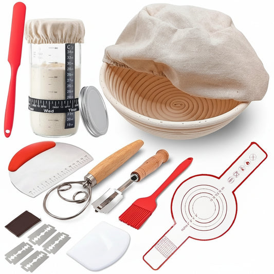 19-Piece Professional Sourdough Starter Kit – Banneton Bread Proofing Basket & Glass Starter Jar