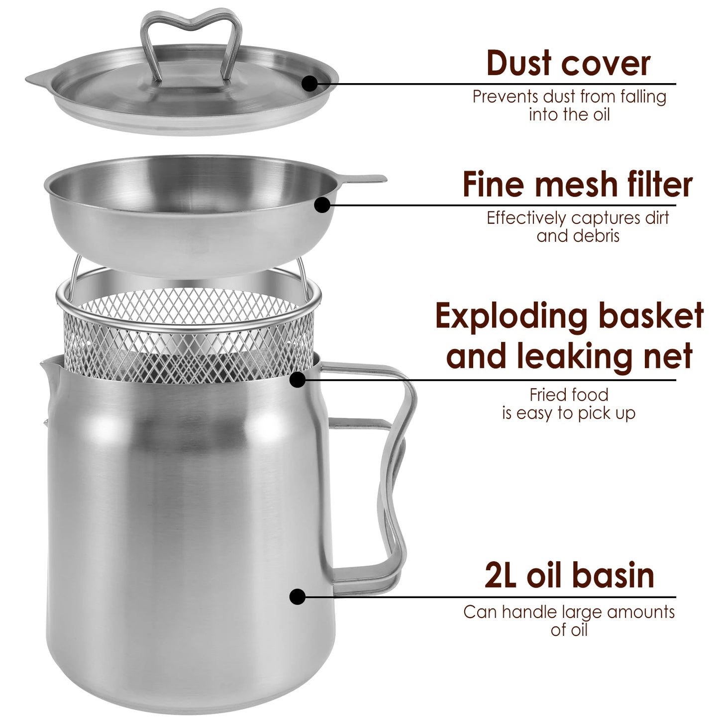 Kitchenley 2L Oil Filter Pot – Stainless Steel with Fine Mesh Strainer & Fry Basket