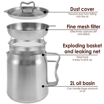 Kitchenley 2L Oil Filter Pot – Stainless Steel with Fine Mesh Strainer & Fry Basket