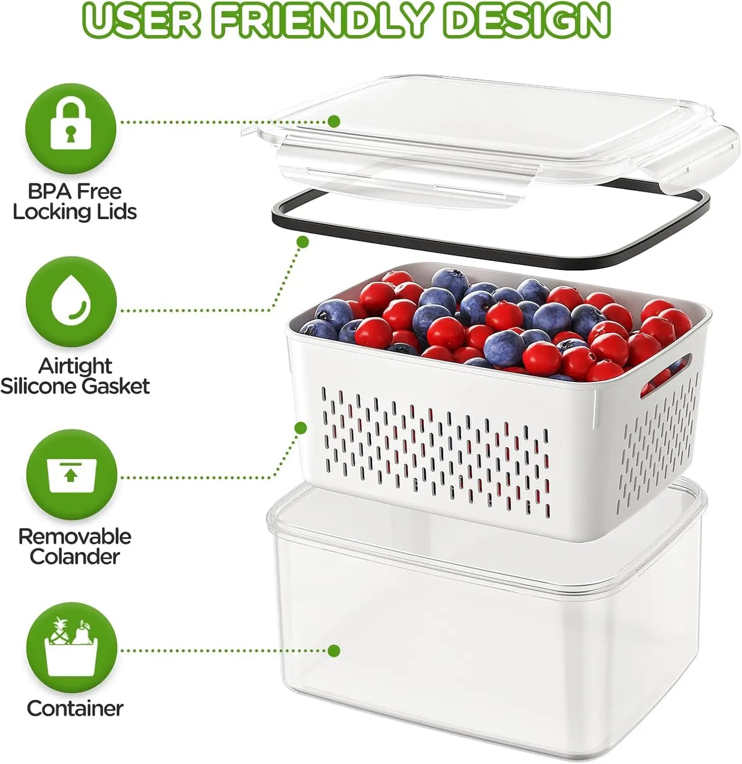 Fridge Fruit Storage Containers with Removable Washing Bowl & Strainer – Produce Keeper for Salad, Berries & Lettuce