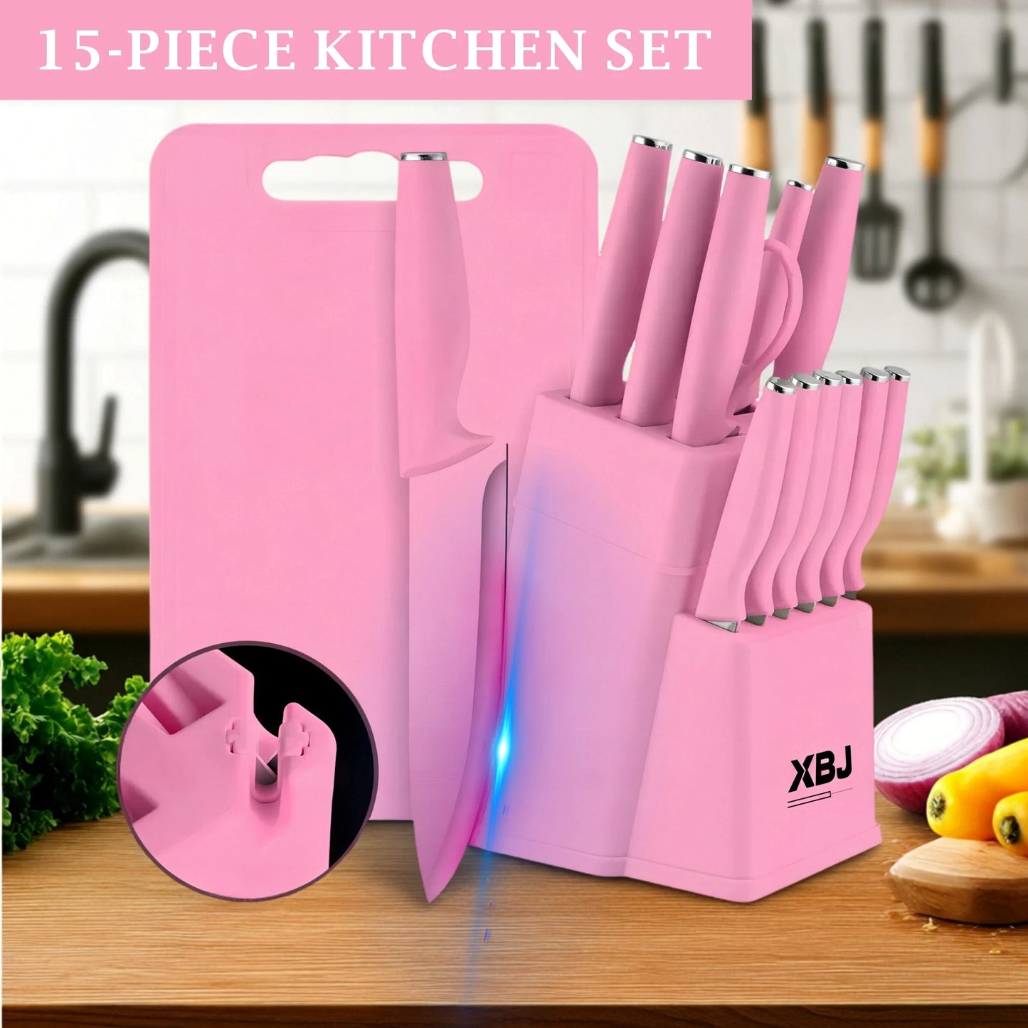 15-piece kitchen stainless steel knife set with knife holder, space-saving storage, full handling of ingredients
