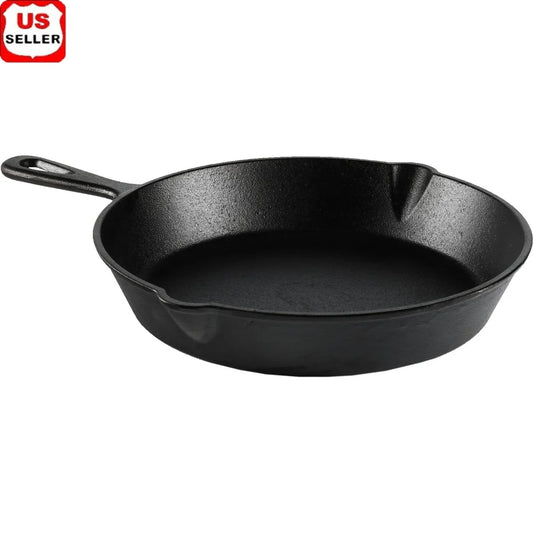 Pre-Seasoned Cast Iron Skillet 10.5 Inch Heat Distribution Versatile Cooking Nonstick Surface Campfire Safe Easy Drain Pour
