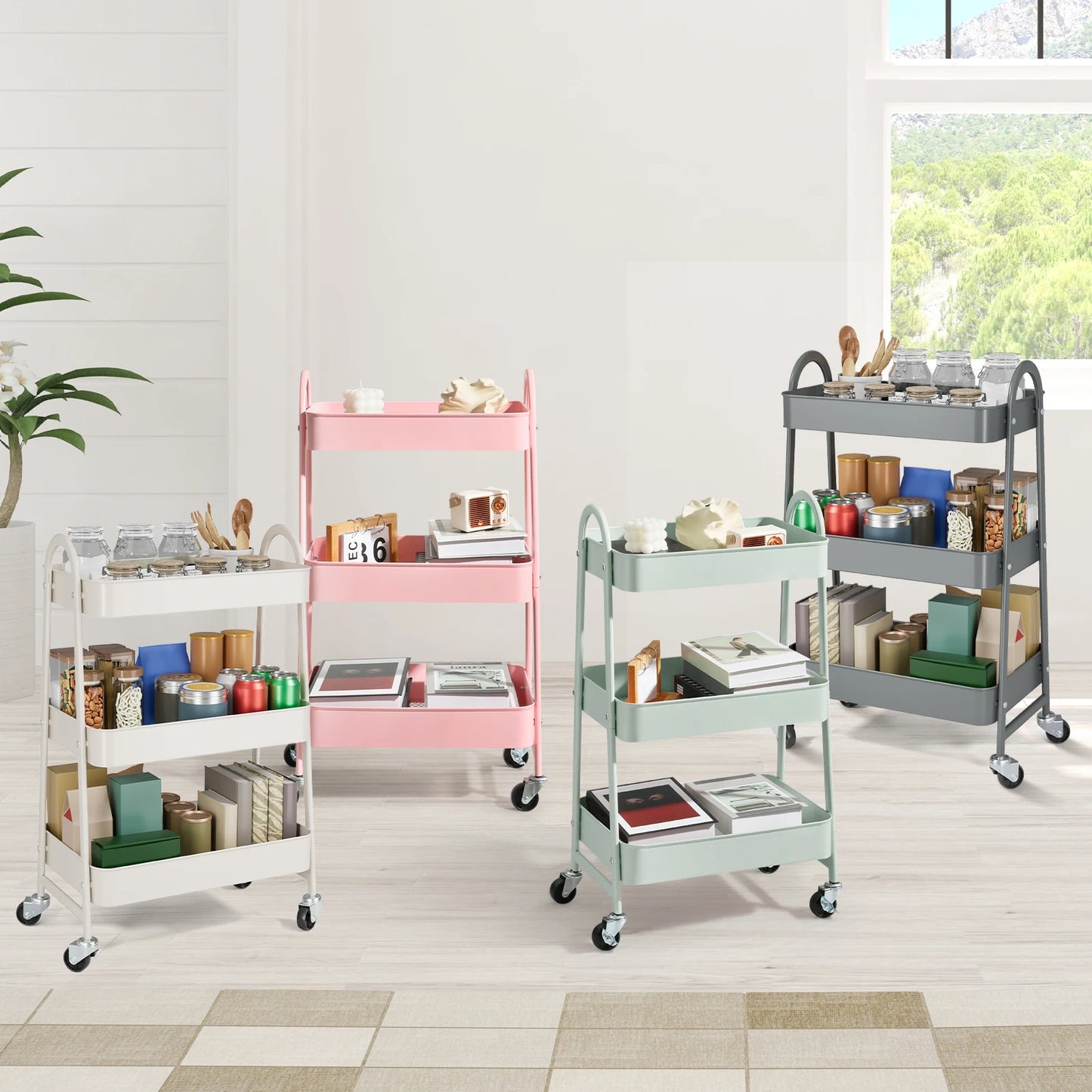 JHK 3-Tier Metal Kitchen Storage Cart with Lockable Wheels – Mobile Rolling Shelving Unit Organizer