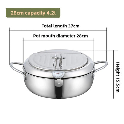 Deep Frying Pot with Thermometer & Drainer Rack – Stainless Steel - Kitchenley