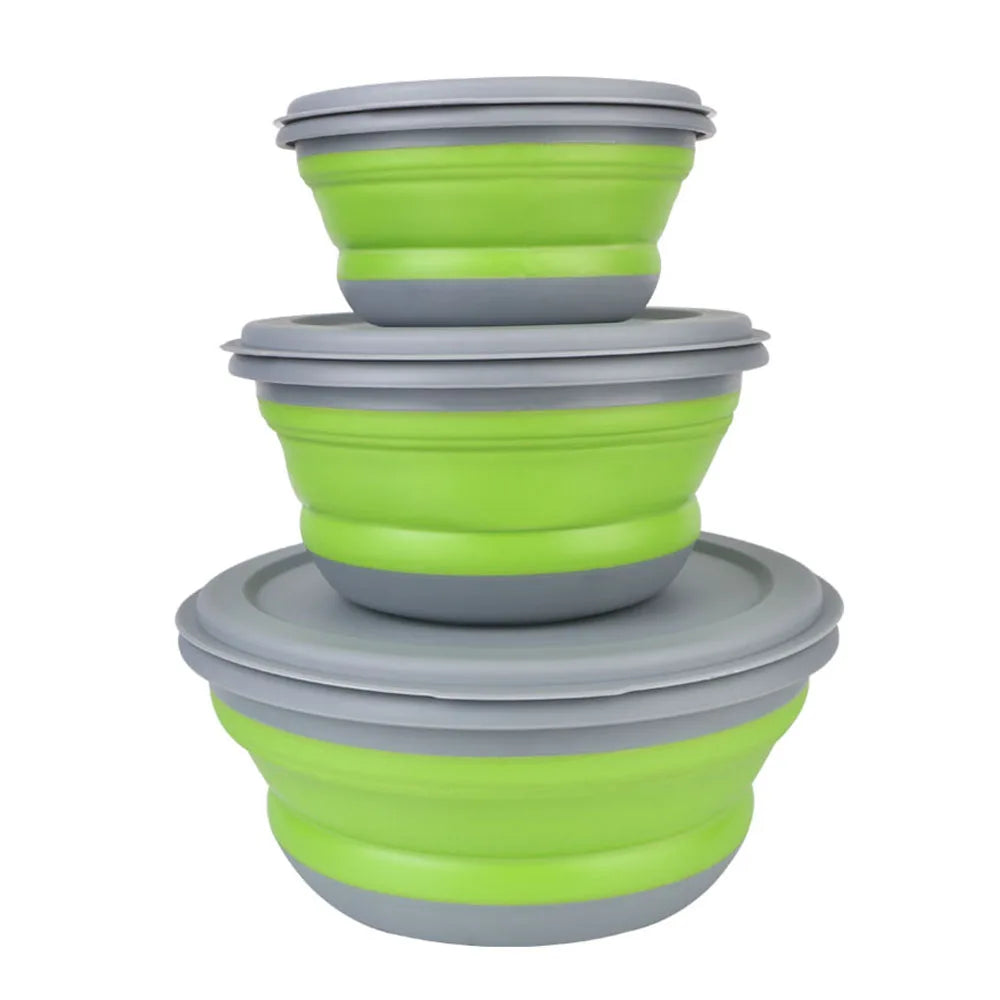 Folding Lunch Box Bowl Sets Silicone 3Pcs/Set Food Container Tableware Set Foldable Salad Bowl with Lid Portable