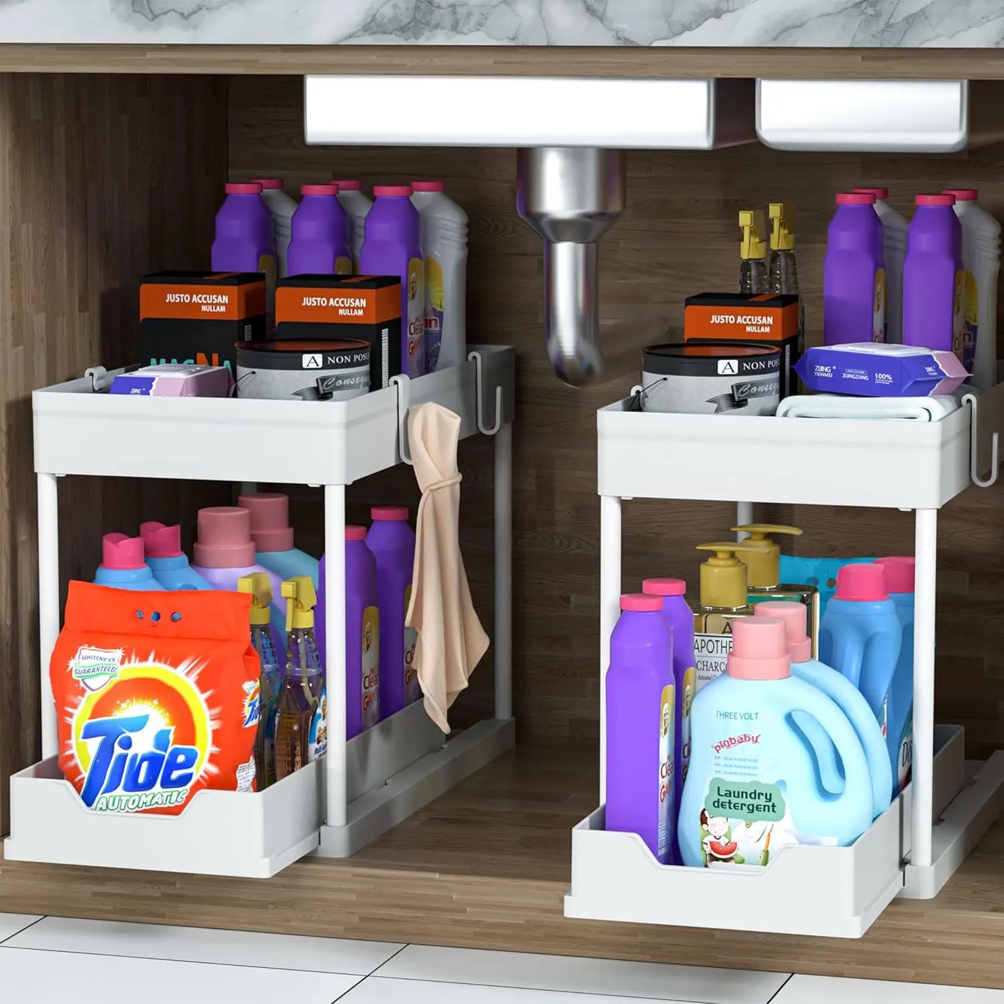 Double-tier sink-mounted storage rack, kitchen cabinet shelving unit, multi-purpose bathroom storage basket.