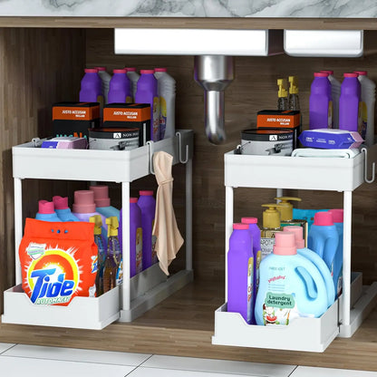 Double-tier sink-mounted storage rack, kitchen cabinet shelving unit, multi-purpose bathroom storage basket.