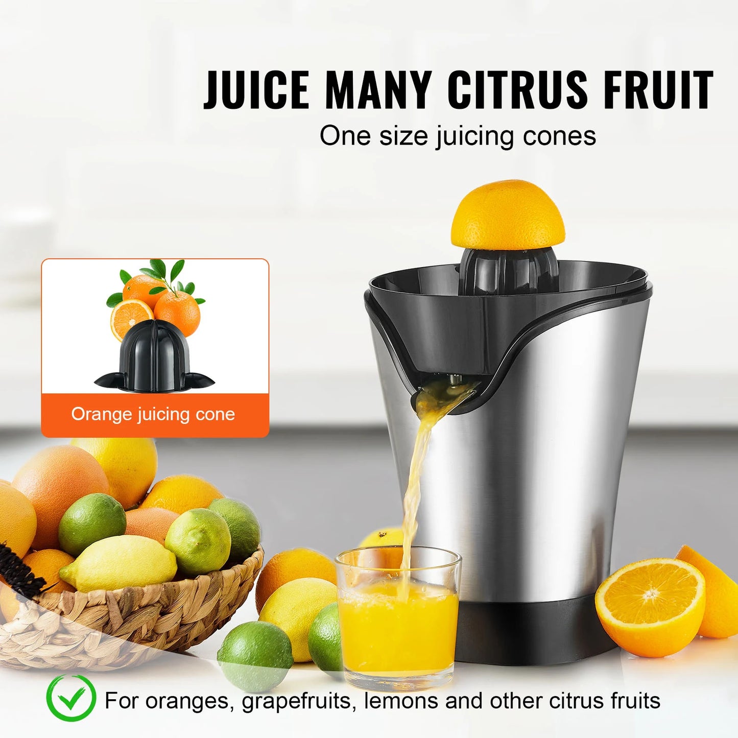 SucceBuy Electric Citrus Juicer Orange Juice Squeezer With One Juicing Cone 100W Stainless Steel Filter Orange Juice Maker