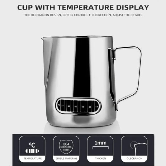 350mL Stainless Steel Milk Frothing Pitcher Temperature Display Milk Frother Pitcher Jug Cup for Latte Art Barista Kitchen