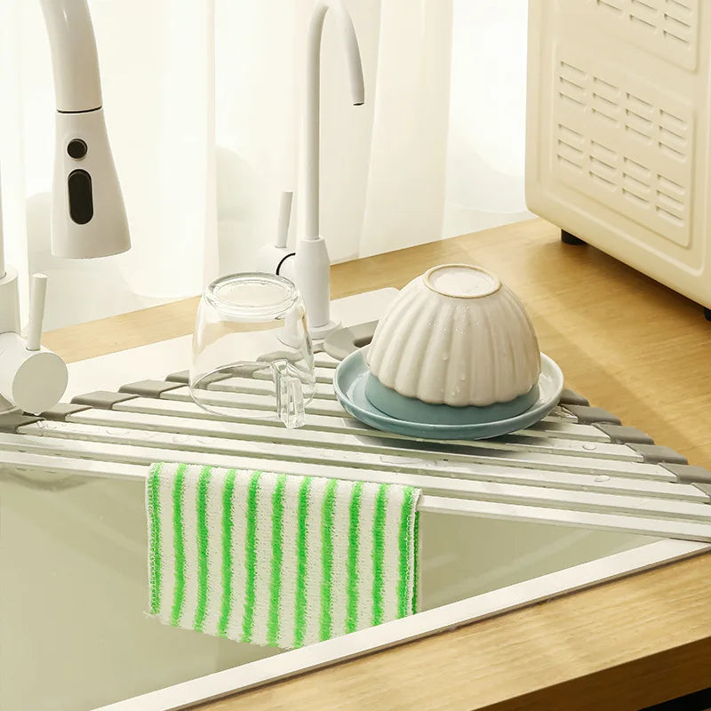 Aluminum Triangle Corner Dish Drying Rack – Roll-Up Folding Sink Drain Basket & Sponge Holder