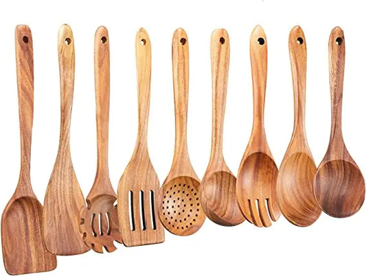 Smooth Teak Wooden Cooking Spoons Set – Non-Stick Kitchen Utensils (1-10 Pcs)