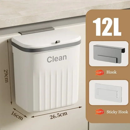 12L Kitchen Trash Can Wall Mounted Hanging Trash Bin with Lid Garbage Can for Cabinet Under Sink Waste Garbage Compost Bin Trash