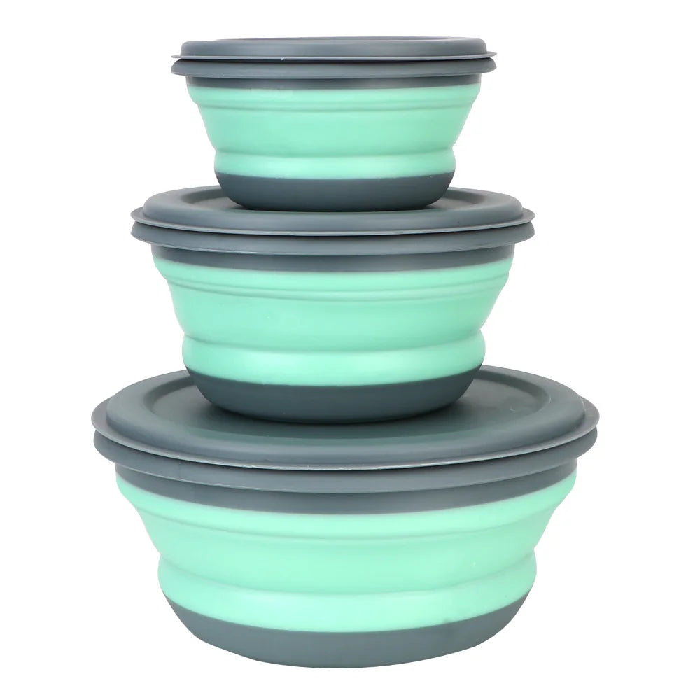 Folding Lunch Box Bowl Sets Silicone 3Pcs/Set Food Container Tableware Set Foldable Salad Bowl with Lid Portable