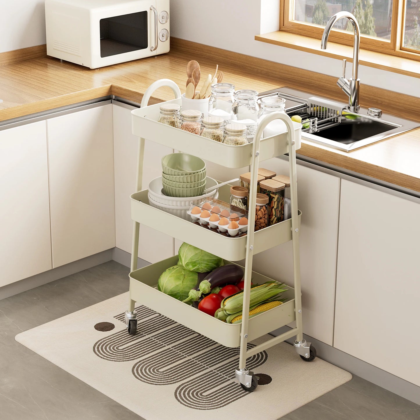 JHK 3-Tier Metal Kitchen Storage Cart with Lockable Wheels – Mobile Rolling Shelving Unit Organizer