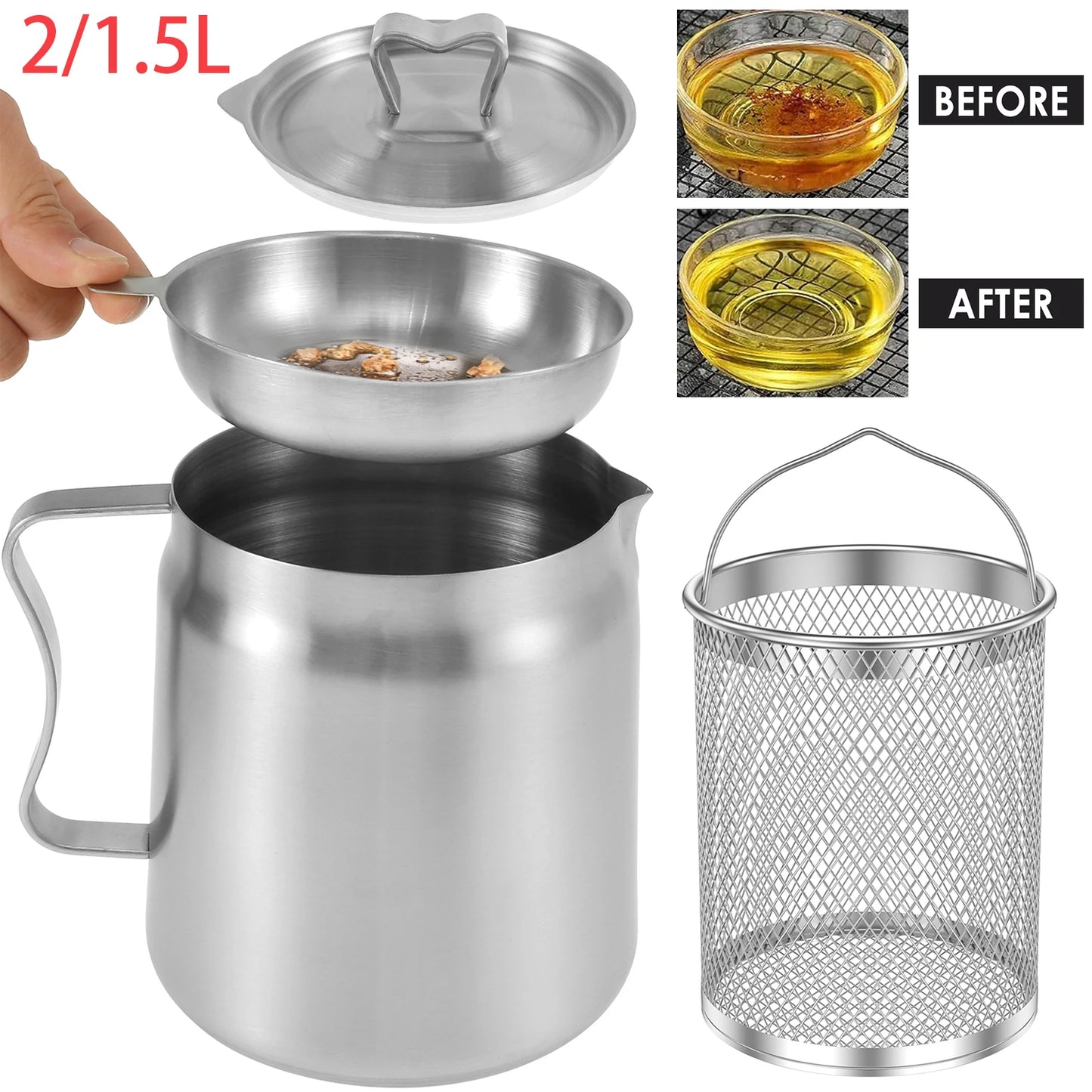 Kitchenley 2L Oil Filter Pot – Stainless Steel with Fine Mesh Strainer & Fry Basket