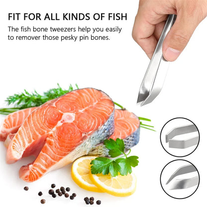 Kitchenley 7-Piece Stainless Steel Fish Bone Tweezers Set – Flat & Angled Serrated Tip Seafood Tweezers