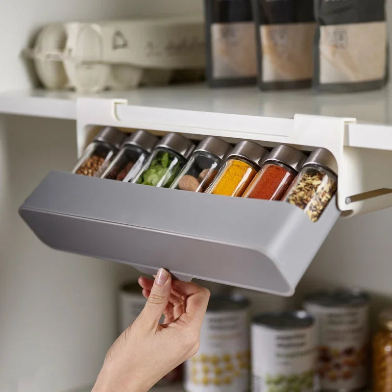 Self-Adhesive Wall-Mounted Spice Rack – Under-Shelf Seasoning Bottle & Kitchen Storage Organizer