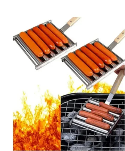 Hot Dog Roller Rack, Stainless Steel Outdoors BBQ Sausage Grill Pan With Long Wood Handle,New Barbecue Tools