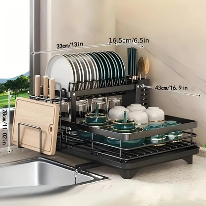 Double-tier extendable dish drainer, suitable for kitchen worktops as a large-capacity utensil rack and draining board.